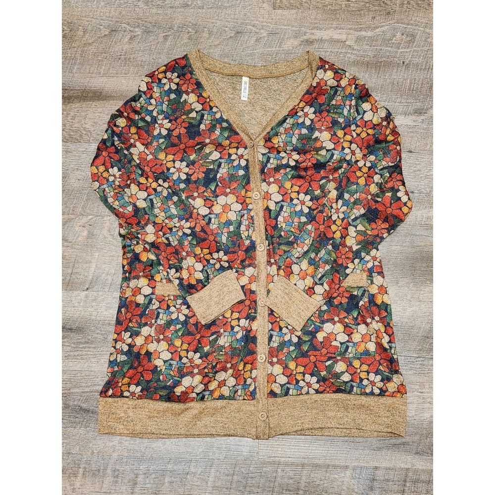 Grecerelle Women's Size XL Button Up Cardigan Colorful Floral Hidden Birds